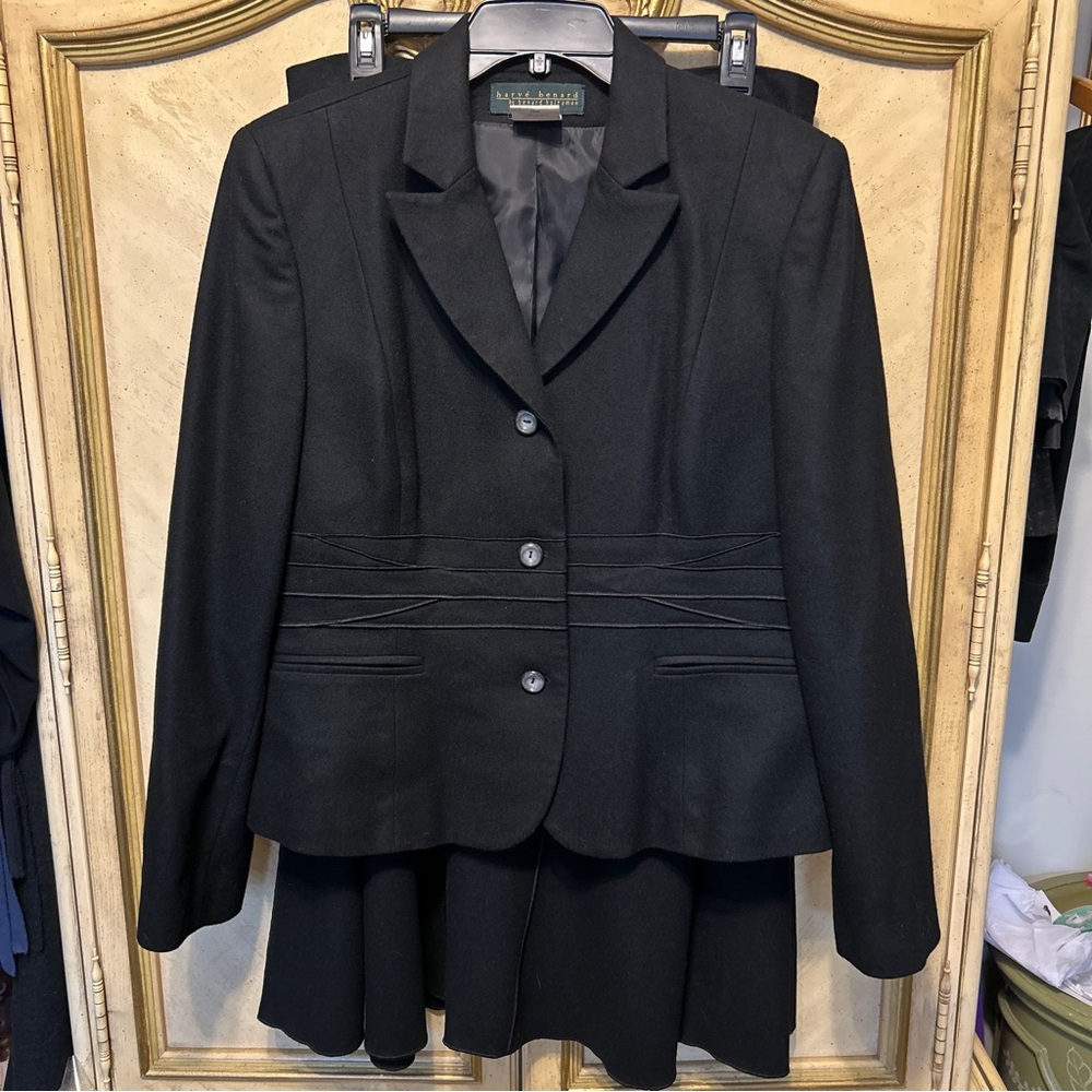 Harve Bernard Black Wool Mix 2 PC SET Blazer & Long Paneled Midi Skirt